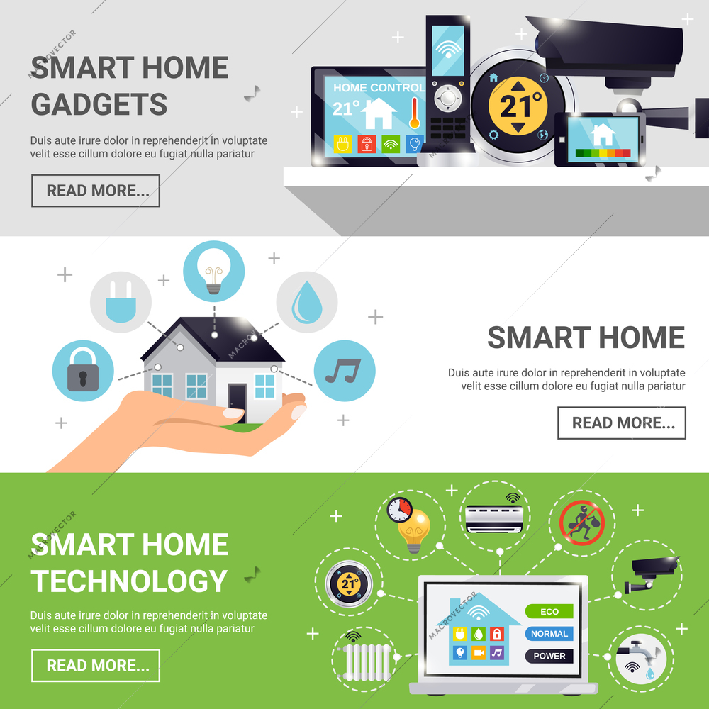 Three horizontal smart home horizontal banner set with smart home gadgets technology and read more buttons vector illustration