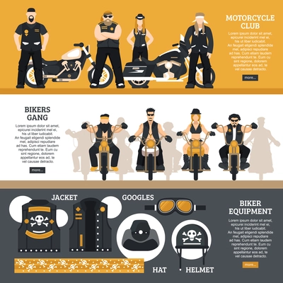 Bikers horizontal banners set with bikers gang symbols flat isolated vector illustration