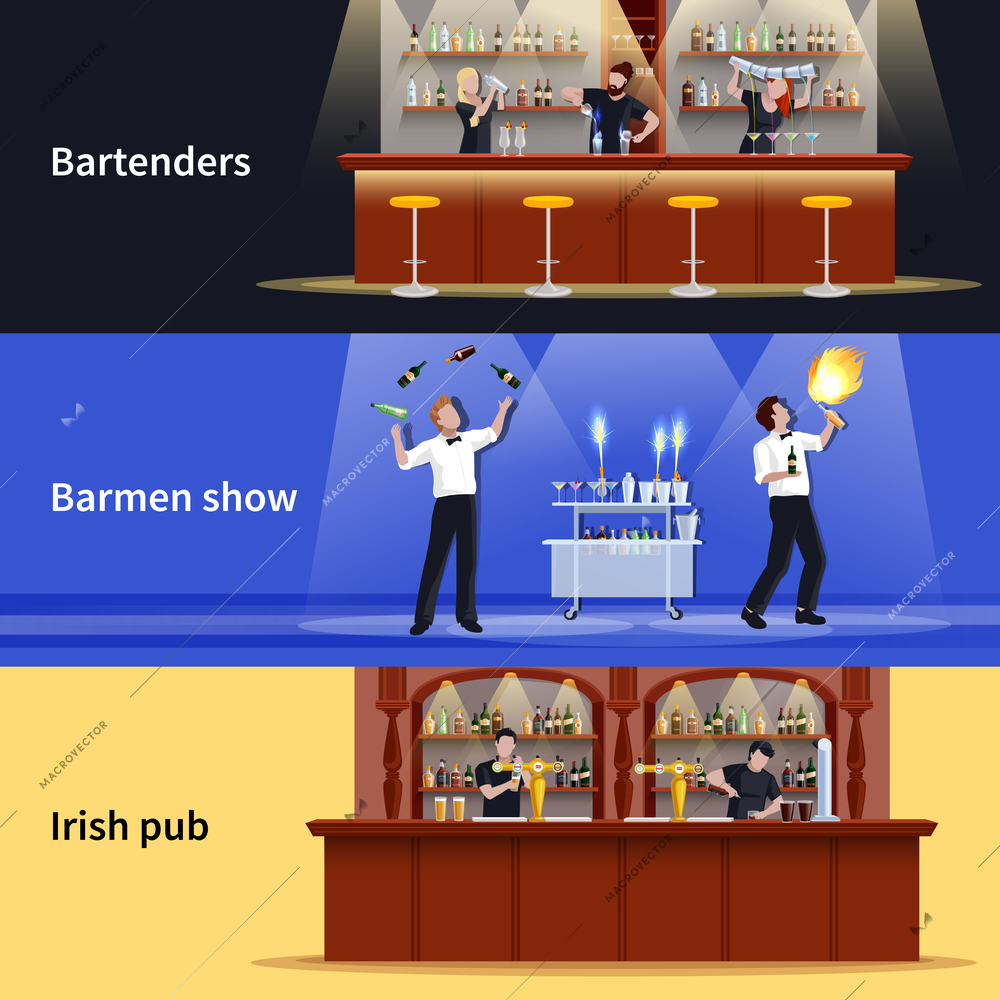 Three horizontal cocktail people banner set with bartenders barmen show and irish pub descriptions vector illustration