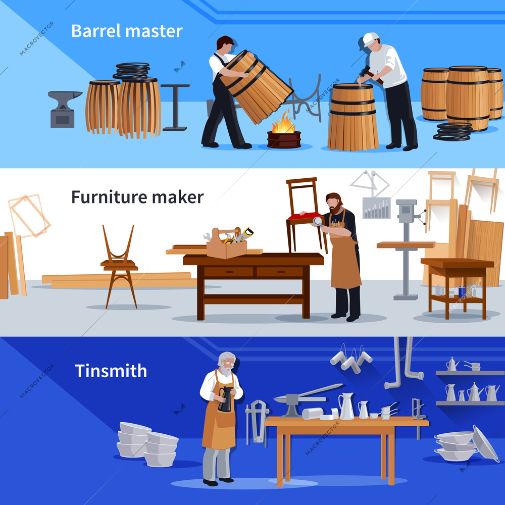 Craftspeople at work 3 flat banners collection with tinsmith cooper barrels an furniture maker isolated vector illustration