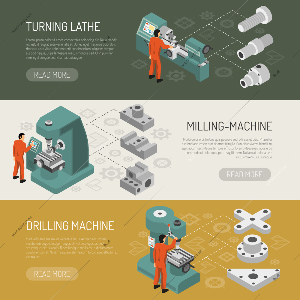 Heavy industry equipment 3 isometric horizontal banners set with lathe turning milling and drilling machinery isolated vector illustration