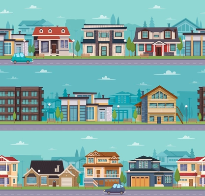 Seamless cityscape template with suburban houses and cottages of different construction vector illustration