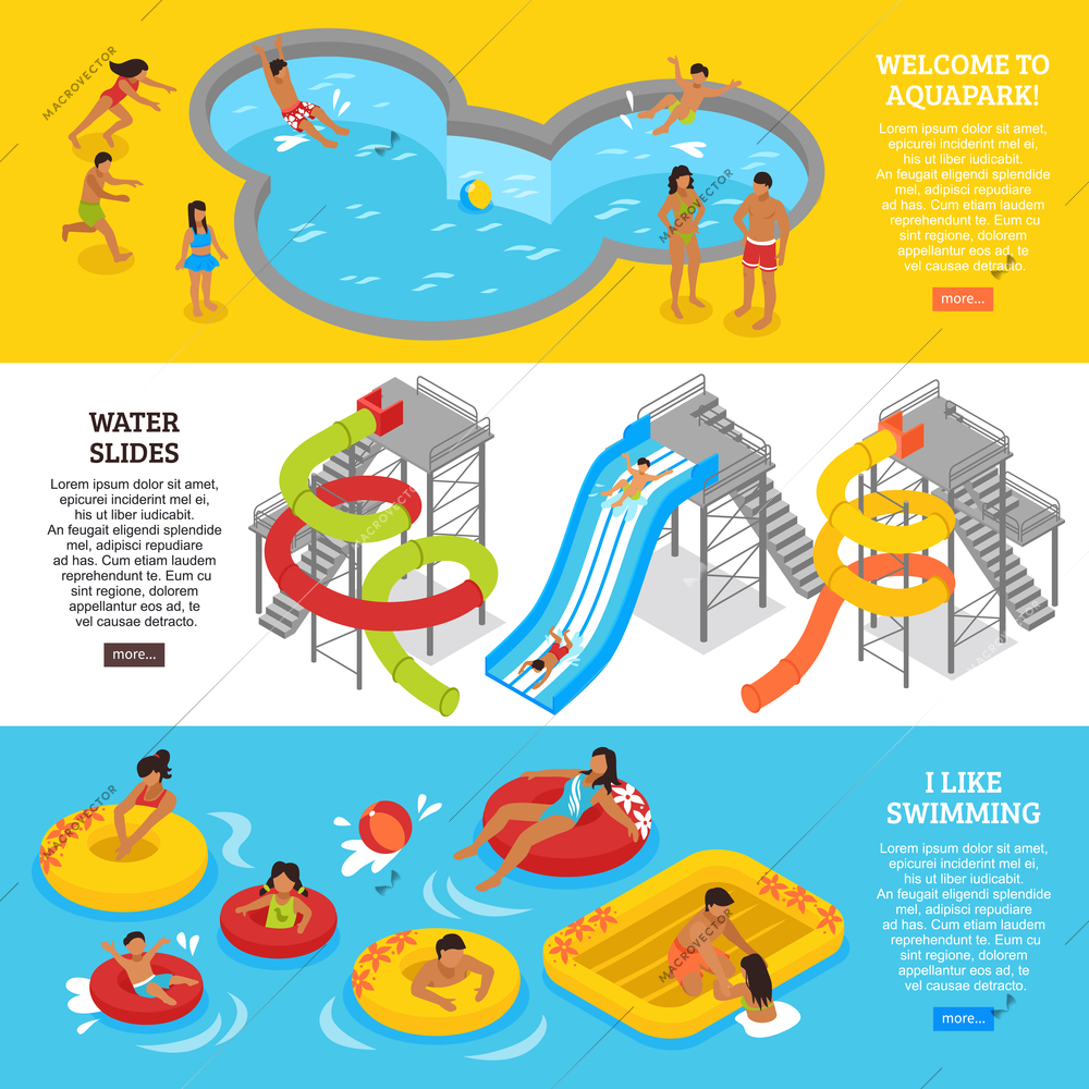 Water park horizontal banners set with swimming and recreation symbols isometric isolated vector illustration