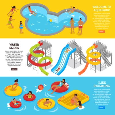 Water park horizontal banners set with swimming and recreation symbols isometric isolated vector illustration