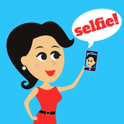 Cute pretty girl takes selfie makes self portrait with mobile phone vector illustration