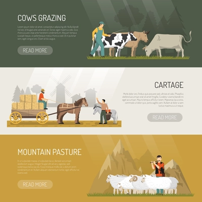 Farm animals banners with grazing cows sheeps pasture and horse cartage images with read more button vector illustration