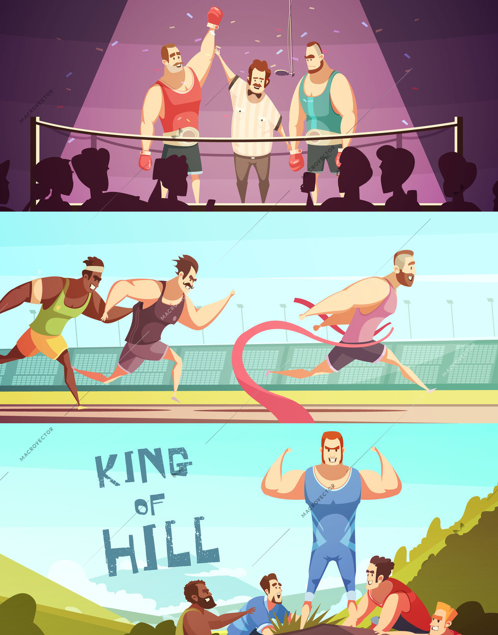 Competition banners collection with doodle style human characters of barbed male athletes in triumph situations vector illustration