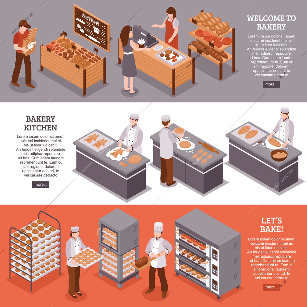 Bakery isometric horizontal banners with bakers in bakehouse kitchen equipment for cooking and fresh goods counters in bakery vector illustration