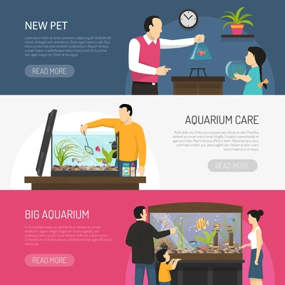Horizontal flat aquarium banners with people watching and buying fish isolated vector illustration