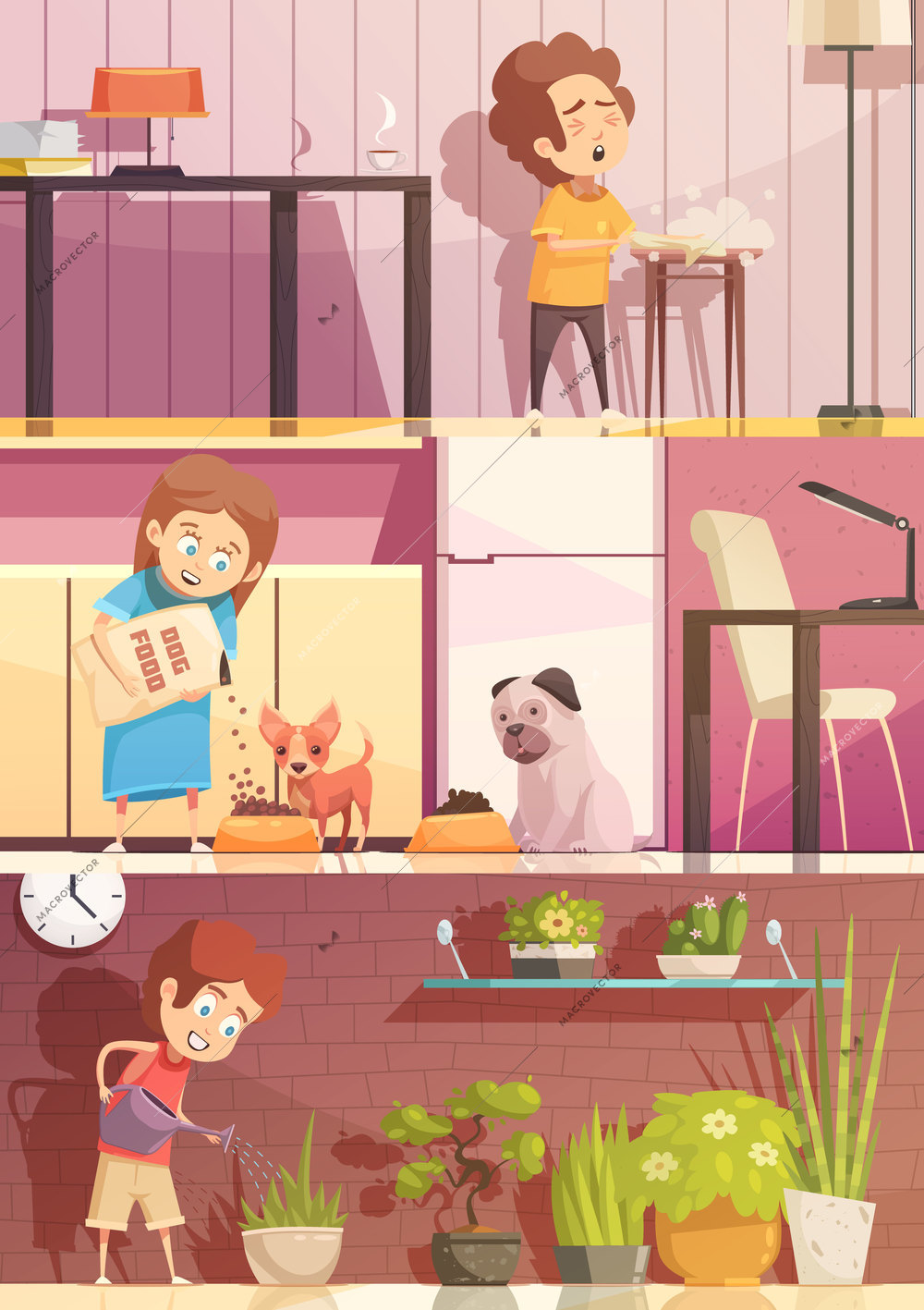 Kids feeding pets watering plants and cleaning rooms 3 horizontal retro cartoon banners set isolated vector illustration