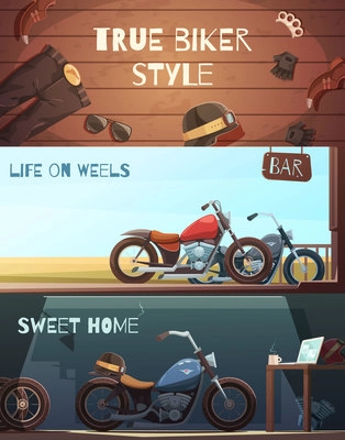 Set of three horizontal rider banners with bikers wear and motorcycle images in garage and outdoors vector illustration