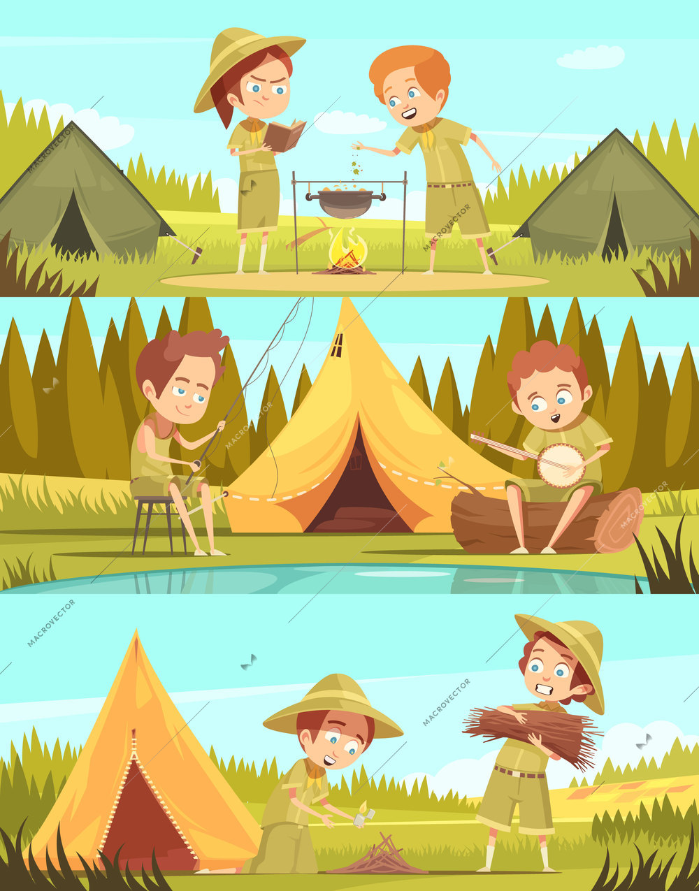 Scouting boys summer camp activities 3 retro cartoon horizontal banners set with campfire cooking isolated vector illustration