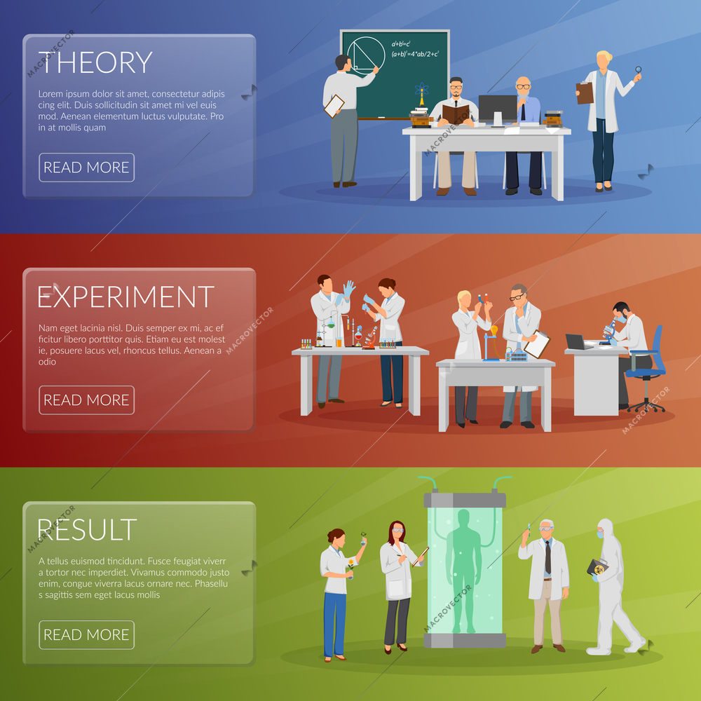 Scientist horizontal banners set with theory and experiment symbols flat isolated vector illustration