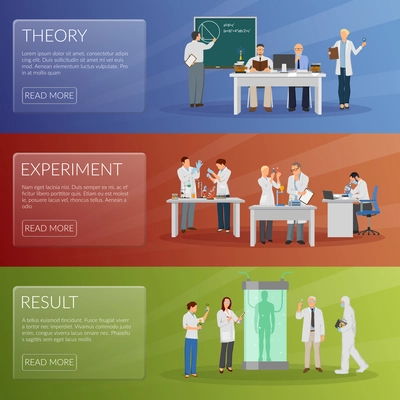 Scientist horizontal banners set with theory and experiment symbols flat isolated vector illustration