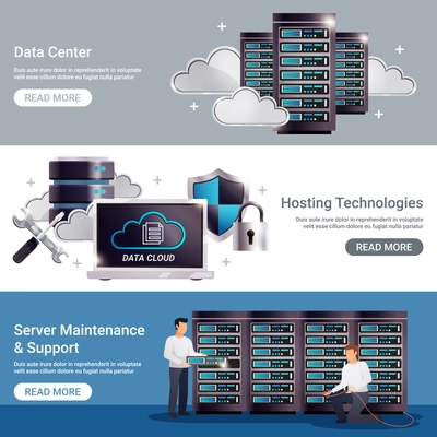 Three horizontal datacenter horizontal banner set with data center hosting technologies server maintenance support descriptions vector illustration