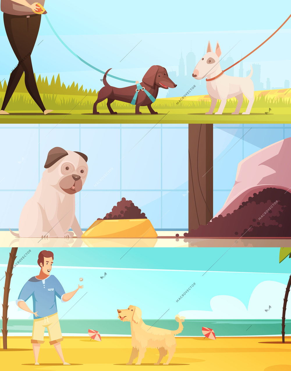 Dog horizontal banners set with walking symbols cartoon isolated vector illustration