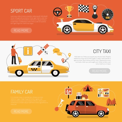 Flat set of colorful horizontal auto banners qith various kinds of cars isolated vector illustration