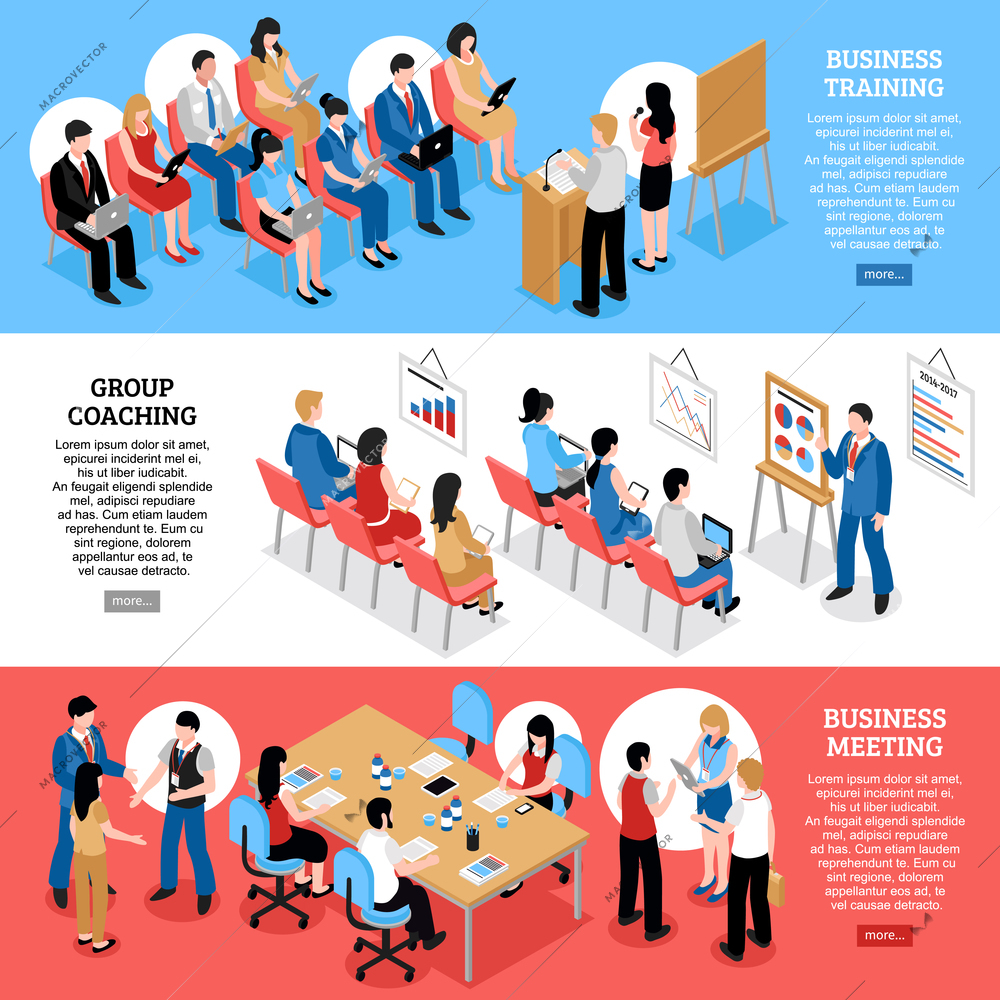 Business training group coaching and business meeting isometric horizontal banners with staff and audience vector illustration