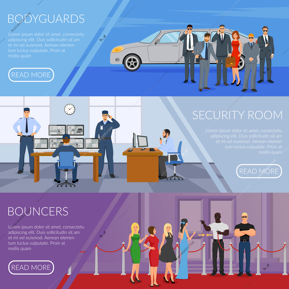 Bodyguard horizontal banners set set with bouncers symbols flat isolated vector illustration