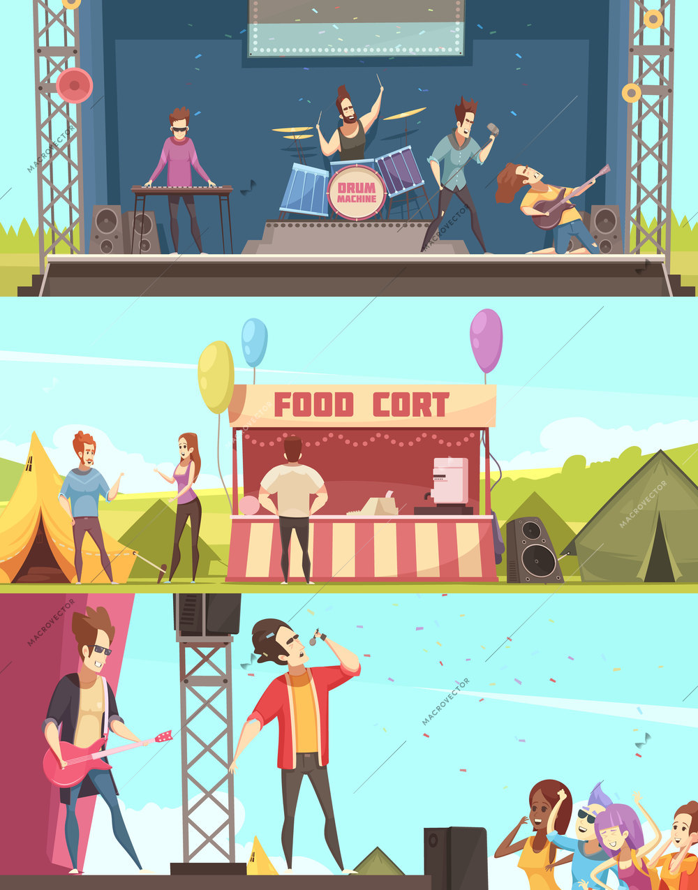 Open air festival players and audience 3 retro cartoon horizontal banners with stage tents food court vector illustration