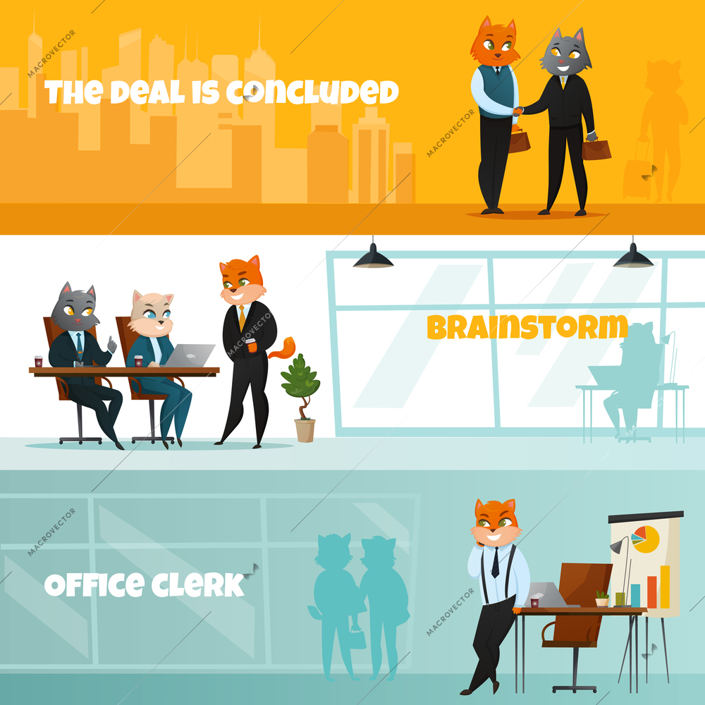 Three colored business cat horizontal banner set with the deal is concluded brainstorm and office clerk headlines vector illustration