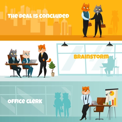 Three colored business cat horizontal banner set with the deal is concluded brainstorm and office clerk headlines vector illustration