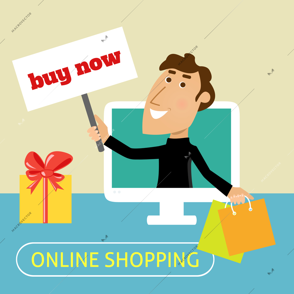 Online shopping concept with man with bags and buy now sign in computer monitor vector illustration