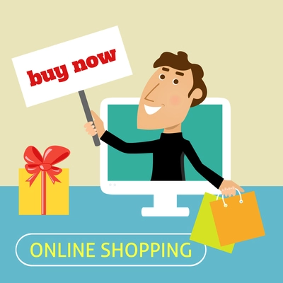 Online shopping concept with man with bags and buy now sign in computer monitor vector illustration