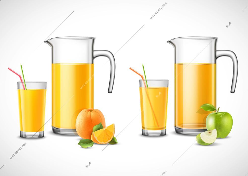 Jugs and glasses with apple and orange juice fruit with leaves on white background isolated vector illustration