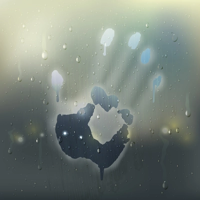 Colored hand on misted glass realistic composition with rain stains and handprint on the window vector illustration