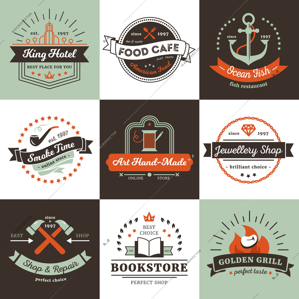 Vintage logos of shops hotel and cafe design concept with ribbons rays and stars isolated vector illustration