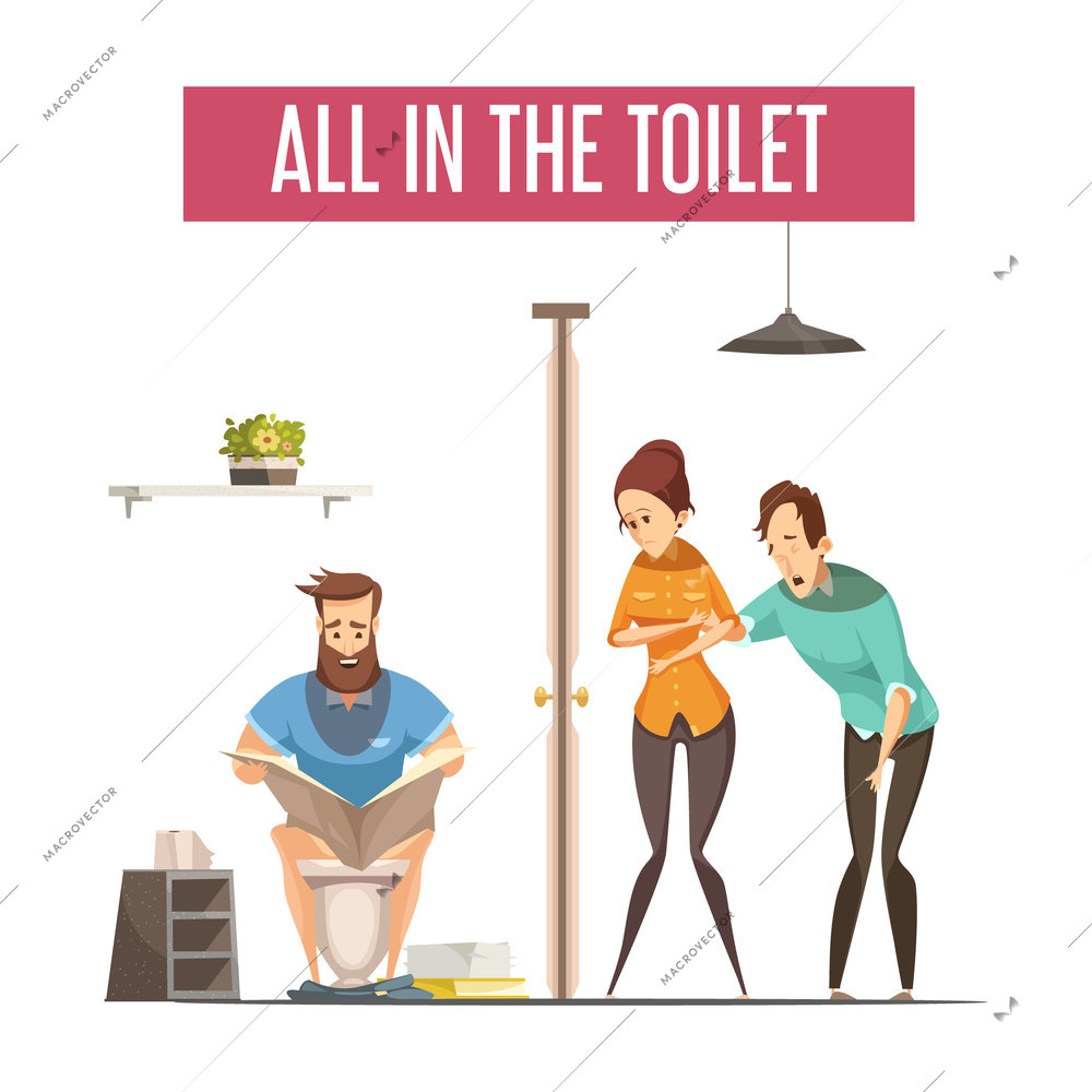 Queue at toilet design concept with people waiting at front toilet and man reading newspaper on lavatory flat vector illustration