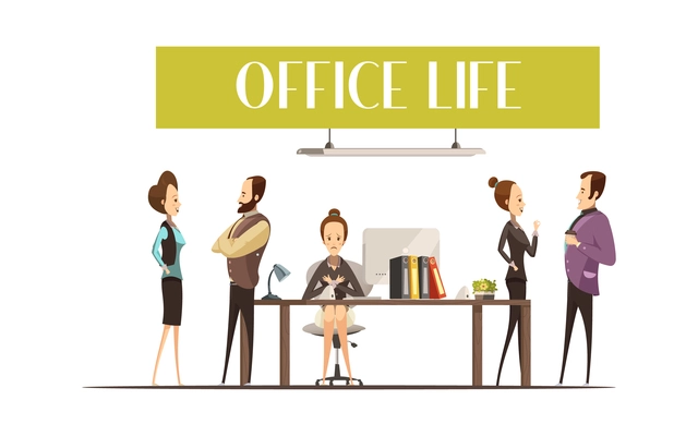 Office life design with upset secretary at workplace and cheerful staff members during talk vector illustration