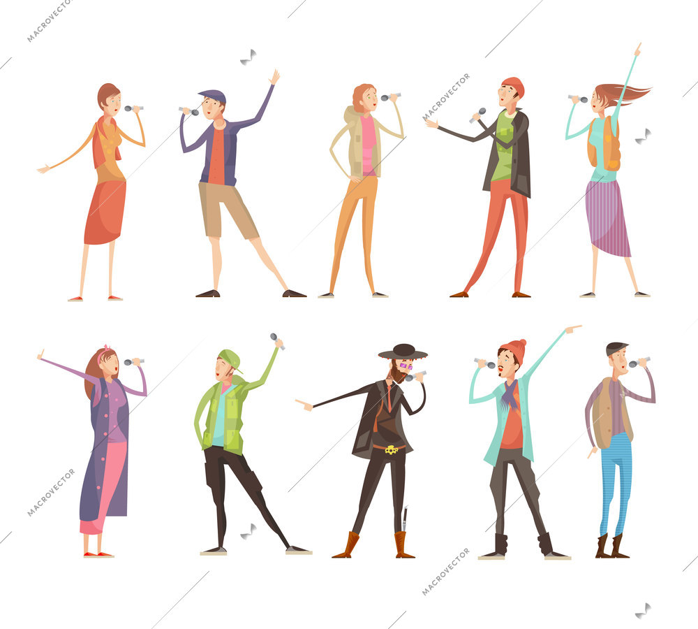 Set of ten flat isolated people characters at karaoke group party with microphones and colorful costumes vector illustration