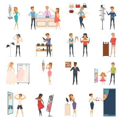 Colored and isolated trying shop flat people icon set with trying on clothes in store vector illustration