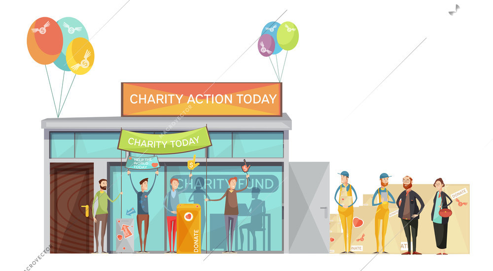 Group of volunteers inviting for charity meeting flat vector illustration