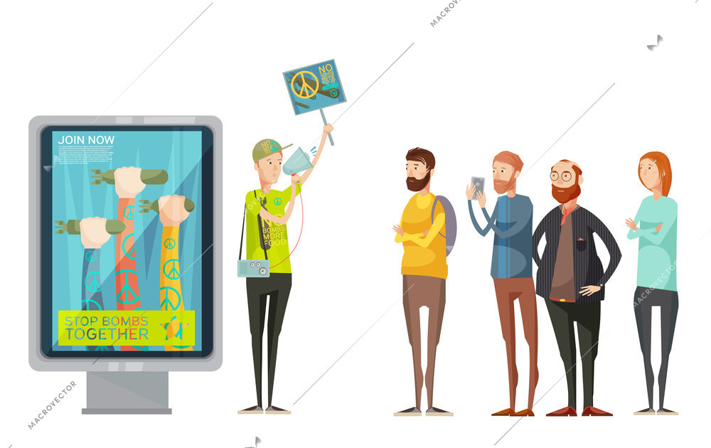 Anti war propaganda design concept with young man holding placard and watching and photographing cartoon characters flat  vector illustration