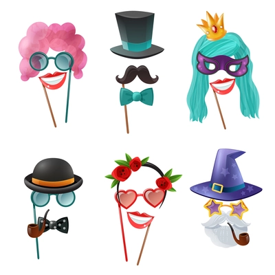 Photo booth party set of carnival accessories with mask wig tie butterfly monocle tobacco pipe isolated cartoon elements vector illustration