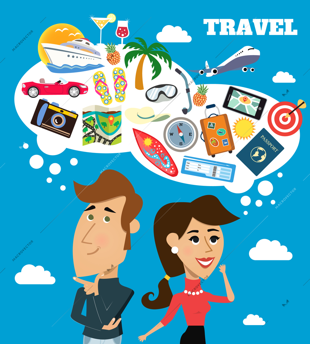 Business life cheerful woman and man with speech bubble travel dreams scene vector illustration