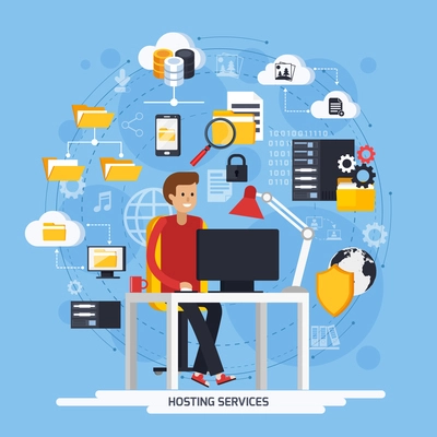 Hosting services concept with Internet and data symbols on blue background flat vector illustration