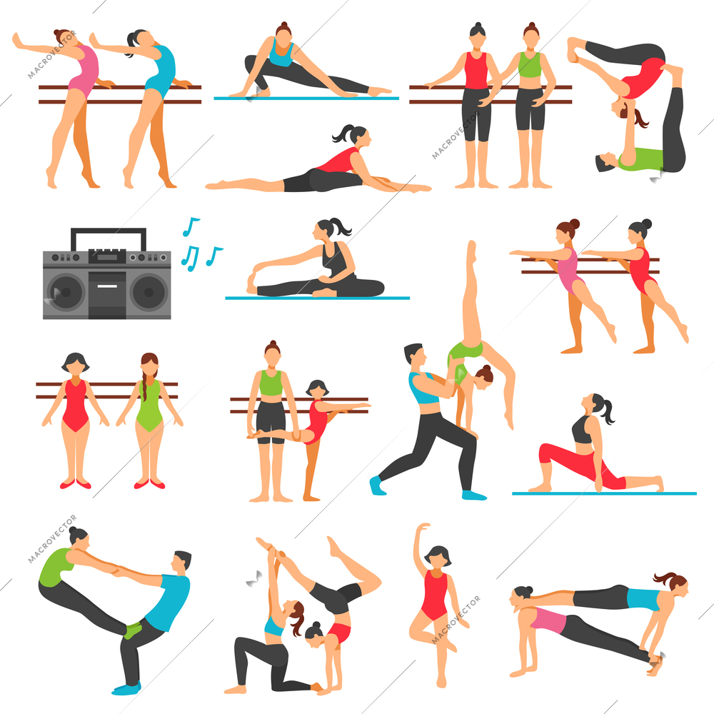 Dance training decorative icons set with girls in various poses stretching acrobatics music system isolated vector illustration