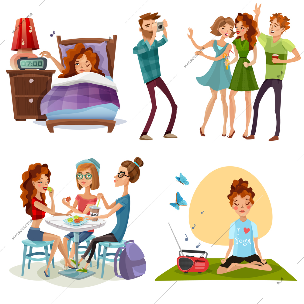 Young woman nonworking day off with friends and yoga for energy boost 4 cartoon icons vector illustration