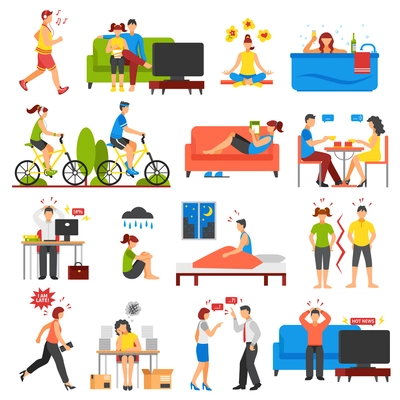 Isometric icons set of different ways of relaxation after stress and stressful working days isolated on white background vector illustration