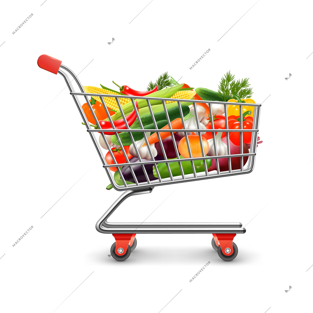 Vegetables shopping realistic concept with shopping cart and goods vector illustration