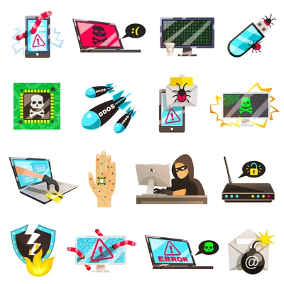 Hacker set of isolated conceptual images of computer viruses wire fraud password breaking and cyberterrorism pictograms vector illustration