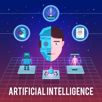 Artificial intelligence illustration with cyborg face hi-tech icons and robotic figures on stellar background vector illustration