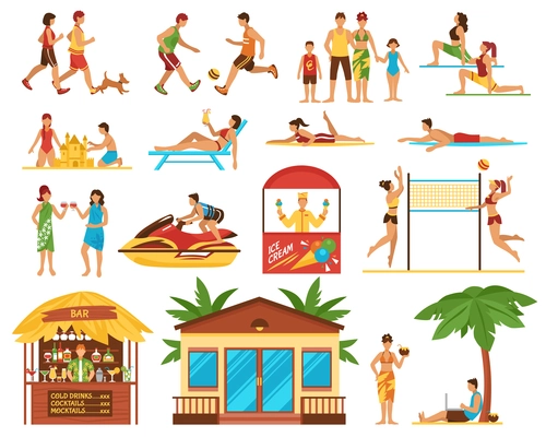 Beach activity decorative icons set with people sport games sunbathing ice cream bar bungalow isolated vector illustration