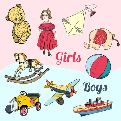 Vintage kids girls and boys toys sketch icons set isolated vector illustration