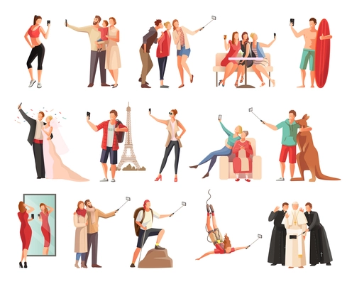 Set of isolated selfie photo modern people flat characters taking photographs of themselves in different situations vector illustration