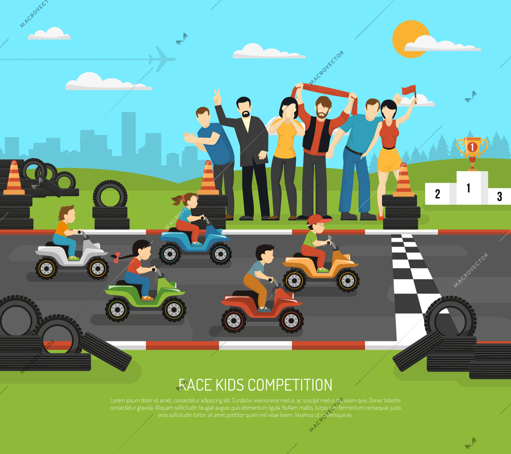 Race kids competition drive sport composition with flat children characters on race track and adult supporters vector illustration